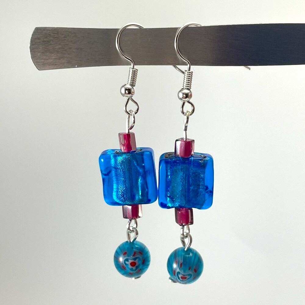 Artisan Hand Crafted Foil Glass Floral Glass Beaded Boho Earrings Dangle